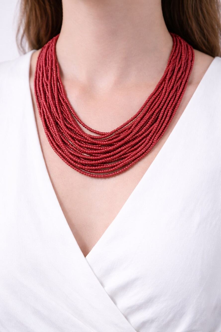 Boho Red Glass Beaded Multi-Strand Necklace‎ Adjustable 20” rn03